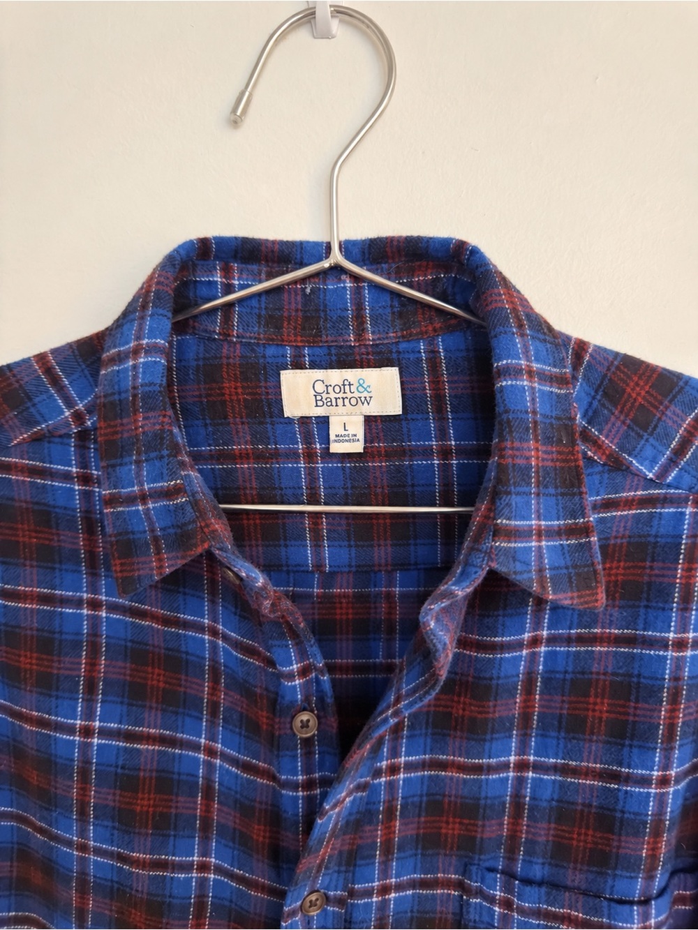 Croft & Barrow Blue and Red Plaid Flannel Button-Down Shirt (Large)